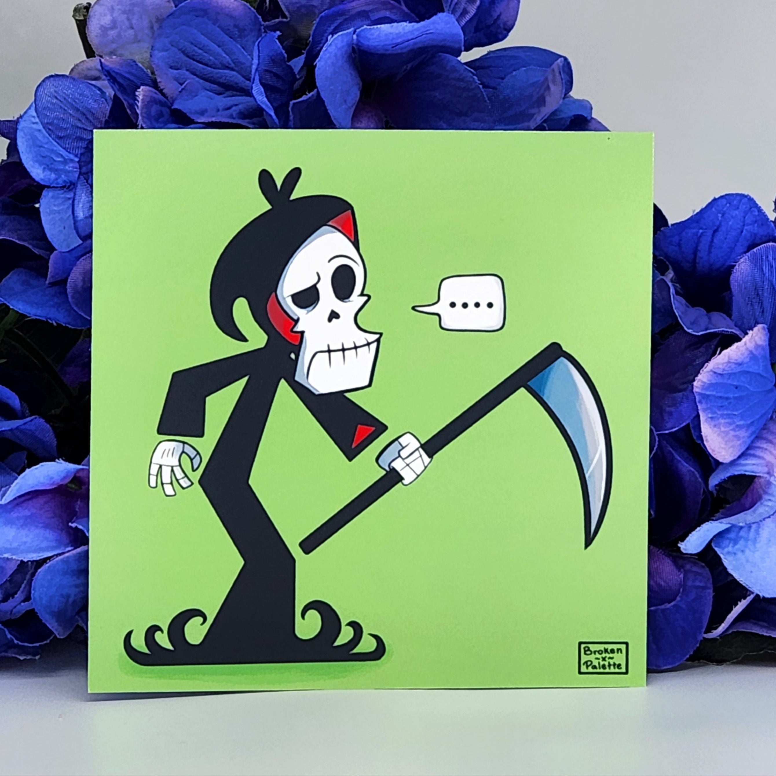 Cartoon skeleton with a scythe on a green card surrounded by blue flowers