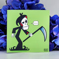 Cartoon skeleton with a scythe on a green card surrounded by blue flowers