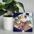 Cartoon illustration of a bedroom scene with a character standing in front of a desk, next to a potted plant.
