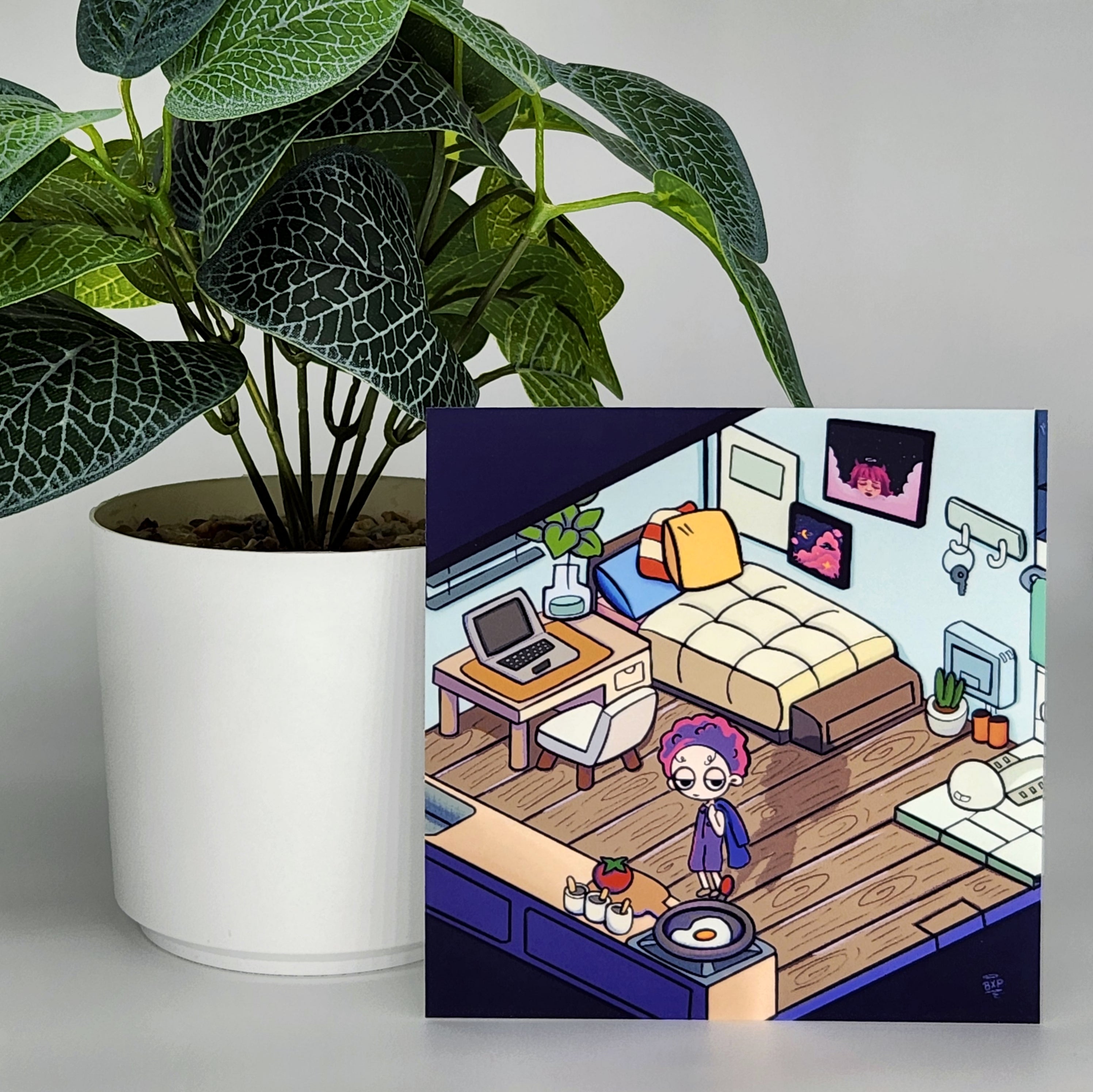 Cartoon illustration of a bedroom scene with a character standing in front of a desk, next to a potted plant.