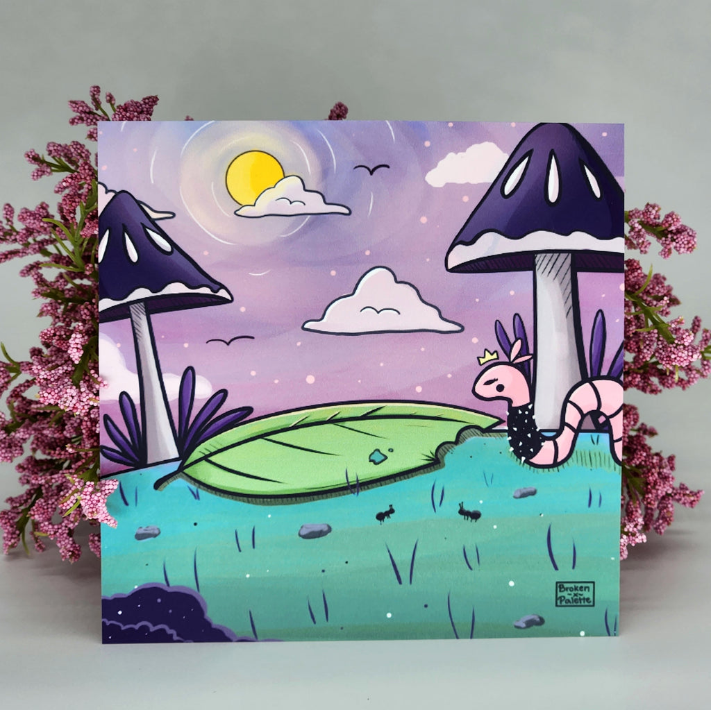 Illustrated print with mushrooms and a worm on a purple background