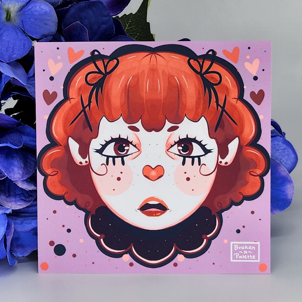 Illustration clown girl on a pink background with blue flowers.