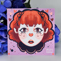 Illustration clown girl on a pink background with blue flowers.