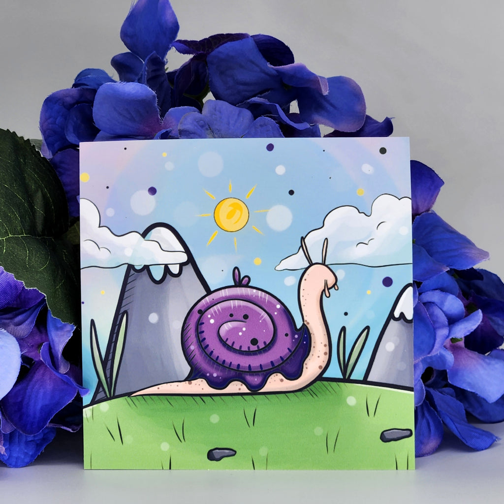 Print with a purple snail illustration surrounded by purple flowers